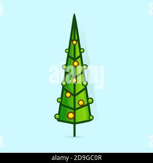 Vektorsymbol Weihnachtsbaum. Dekorierter Baum im Flachlinien-Kunststil. Grüne Kiefer für die Gestaltung von Grußkarten und Einladungen zu Neujahr und Stock Vektor