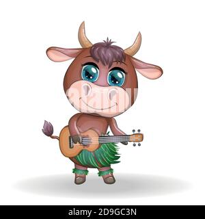 Niedlicher Cartoon-Stier, Kuh mit schönen Augen, hawaiianische Hula-Tänzerin Charakter mit Ukulele-Gitarre zwischen Blättern, Blumen. Chinesische Neujahr niedlichen Bullen Stock Vektor