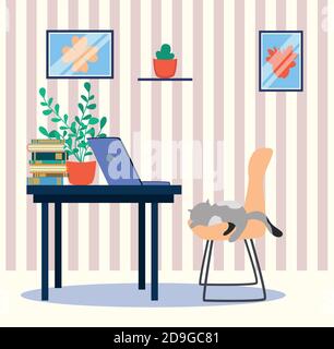 Wohnzimmereinrichtung mit schlafender Katze, Laptop, Pflanzen und Tisch mit Büchern und einer Tasse. Moderne Inneneinrichtung. Stock Vektor