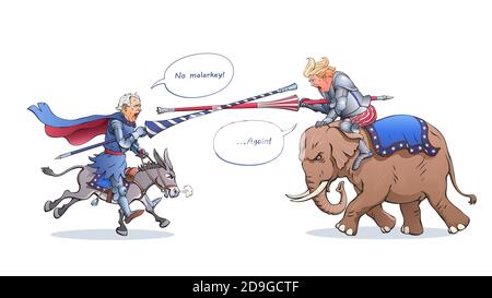 Joe Biden und Donald Trump greifen sich wie ein mittelalterlicher Ritter mit Turnierlanzen an. Kämpfer reiten auf einem Esel und einem Elefanten. Politische Karikatur Stock Vektor