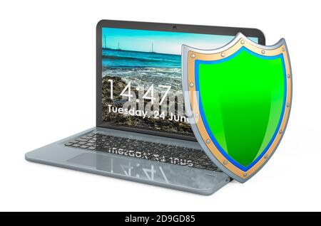 Notebook mit Shield, Sicherheits- und Schutzkonzept. 3D-Rendering auf weißem Hintergrund isoliert Stockfoto