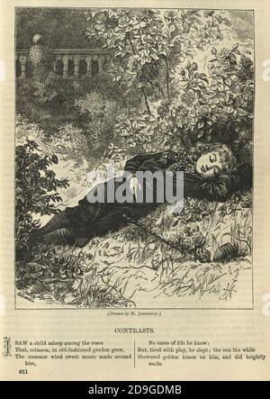Vintage Illustration von Kind schlafen unter Rosenbusch im Garten, viktorianischen 1870er Jahre, 19. Jahrhundert Stockfoto