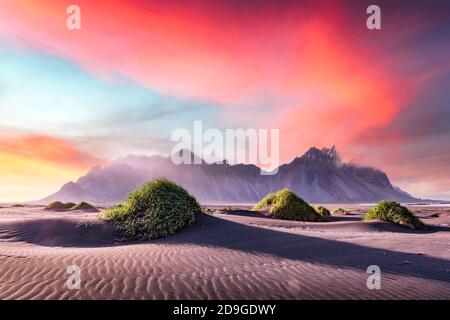 Wunderschöne Landschaft mit schwarzen Sanddünen und grasigen Buchten in der Nähe berühmter Stokksnes Berge am Vestrahorn cape, Island Stockfoto