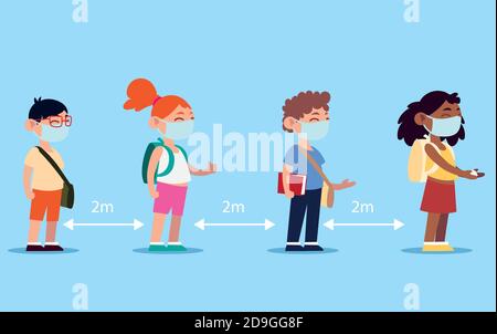 Zurück in die Schule, Schüler stehen in der Warteschlange, tragen Gesichtsmasken zu schützen und halten soziale Distanz Vektor Illustration Stock Vektor