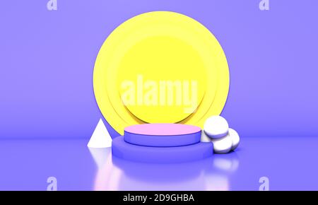 Blaues Podium in gelben Kreisen Hintergrund. 3d-Illustration. Stockfoto