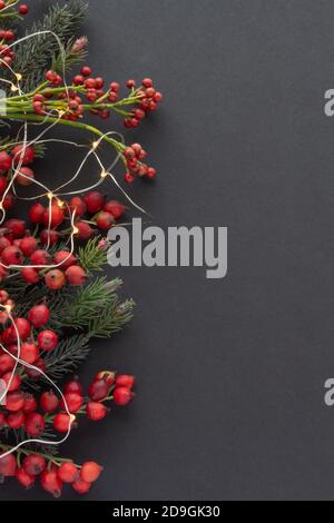 Weihnachtshintergrund mit Kopierraum, immergrünen Ästen, Beeren und Weihnachtsbeleuchtung Stockfoto