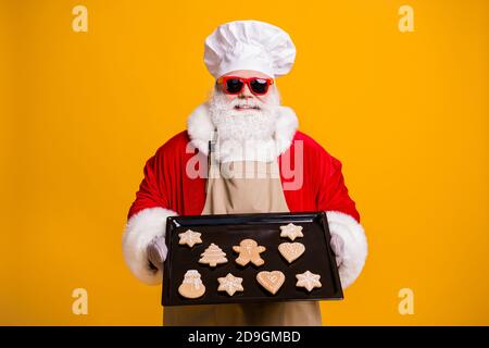 Foto von santa claus Chef Opa grauen Bart halten bereit Ingwer Brot gesunde Süßigkeiten cool Großeltern kümmern Kinder tragen Kostüm Handschuhe Sun specs Kappe Stockfoto