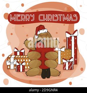 Cute Cartoon Tardigrade Wasserbär in Sants Hut gibt ein Umarmung an Menschen mit Neujahr Geschenke und frohe Weihnachten Text Stock Vektor