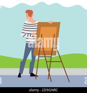 Junger Mann Malerei mit Leinwand im Park Vektor-Illustration Stock Vektor