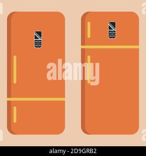 Zwei Kühlschränke mit Gefrierfach oben und unten, in orange mit hellrosa Hintergrund. Isoliertes, flaches Design. Stock Vektor