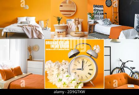 Collage von Fotos mit verschiedenen Interieurs in orangen Farben Stockfoto