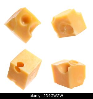 Stücke von leckeren Käse auf weißem Hintergrund Stockfoto