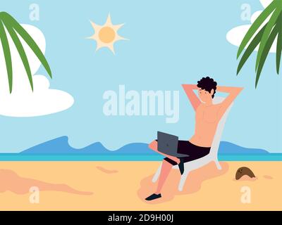Mann arbeitet mit Laptop auf Stuhl in den Strand Vektor Abbildung Stock Vektor