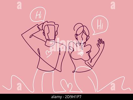 Junges Paar reden romantische kontinuierliche Linie, isoliertes Design, rosa Hintergrund Vektor-Illustration Stock Vektor
