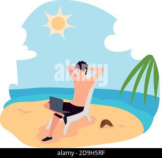 Junger Mann, der mit einem Laptop arbeitet, der auf einem Stuhl sitzt Vektorgrafik Strand Stock Vektor