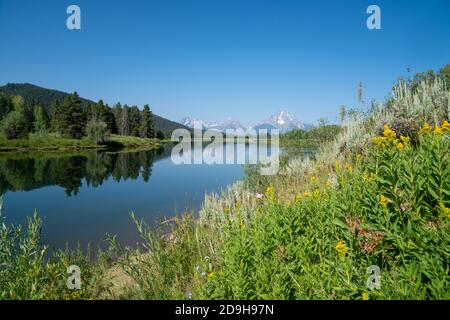 Blick auf die Grand Tetons Berge von Oxbow aus gesehen Biegen Stockfoto