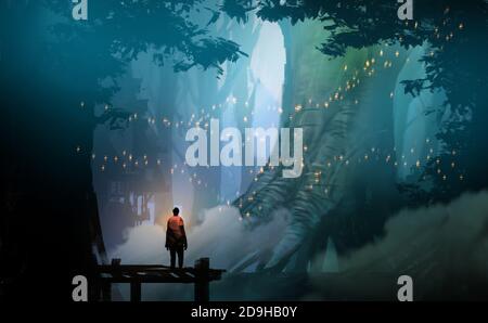 Digitale Illustration Malerei Design-Stil Mann auf dem Pier gegen Flyflies und große Bäume stehen. Stockfoto