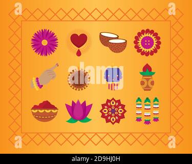 Icon Set von bhai dooj auf gelbem Hintergrund, buntes Design, Vektor-Illustration Stock Vektor