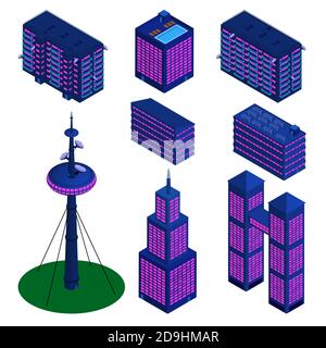 Satz von isometrischen detaillierte Gebäude in moderner Palette isoliert auf weiß. Fernsehturm, Wolkenkratzer und Wohngebäude. Vektor EPS10. Stock Vektor