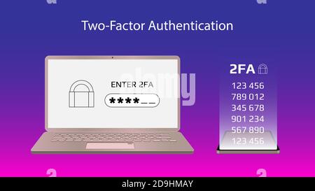 Konzept der 2FA zwei-Faktor-Authentifizierung mit einem Laptop und Codes auf einem Smartphone. Schützen Sie Ihr Geld. Entsperrung über Mobiltelefon. Vektor. Stock Vektor