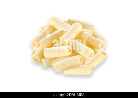 Gebraten und würzig lecker gelb weiß gesalzen Rohr, gesalzen Refill, berühmteste und köstliche Weizenmehl Snack Kinder lieben sie sehr Fryums. Stockfoto