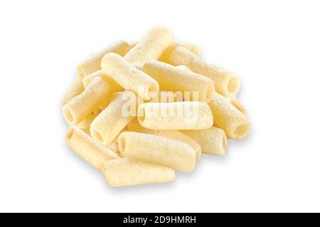 Gebraten und würzig lecker gelb weiß gesalzen Rohr, gesalzen Refill, berühmteste und köstliche Weizenmehl Snack Kinder lieben sie sehr Fryums. Stockfoto