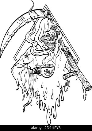Tattoo-Stil Illustration der grimmigen Reaper, Personifizierung des Todes, hält Rauchen heiße Tasse Kaffee und Sense Vorderansicht in Diamant auf isol gesetzt Stock Vektor