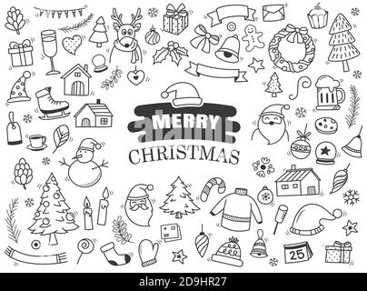 Set von fröhlichen weihnachtselement und Symbol in Doodle-Stil. Stock Vektor