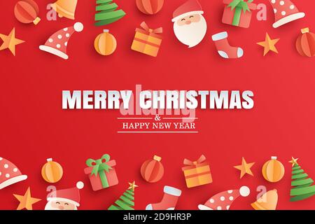 Frohe weihnachten und glückliches neues Jahr rote Grußkarte in Papierkunst Banner-Vorlage. Für Poster, Cover, Flyer. Stock Vektor