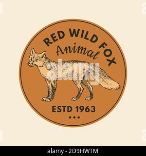 Wild Animals Aufkleber im Vintage Stil. Waldfuchs. Monochromes Retro-Abzeichen oder -Etikett. Nordeuropäische Bestien. Handgezeichnete Skizze. Stock Vektor