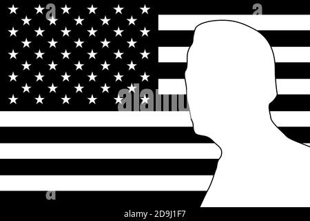 USA Wahlen Konzept, Joe Biden Silhouette auf usa Flagge. Schwarz-weiß Illustration Stockfoto