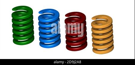 Industrielle bunte (Blau, Gelb, Grün und Rot) Matrize oder Form Federn. Reflexion und Schatten. 3D-Rendering. Stockfoto