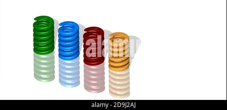 Industrielle bunte (Blau, Gelb, Grün und Rot) Matrize oder Form Federn. Reflexion und Schatten. 3D-Rendering. Stockfoto