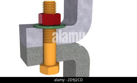 Montage von zwei Komponenten mit Schraube, Schraube und Mutter mit Unterlegscheibe. Farbige Bezeichnung. 3D-Rendering. Stockfoto