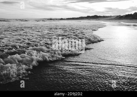 Graustufenaufnahme einer schaumigen Welle in Dunedin, Neuseeland Stockfoto