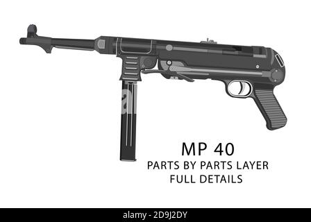 MP40 Maschinenpistole, WW2 Waffen. Vollständige Details Weltkrieg 2 MP40 Maschinenpistole Stock Vektor