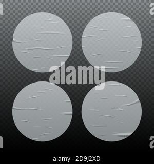 Geklebte runde Aufkleber auf transparentem Hintergrund isoliert gesetzt. Vector realistische zerknitterte Poster bündeln. Nass gefettete Falten leere Schablone Textur Stock Vektor