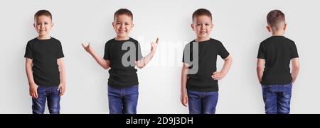 Mockup von schwarzen Kinder-T-Shirt auf lächelnden Jungen, lässige Kinderkleidung isoliert auf Hintergrund. Eine Vorlage für Markenkleidung für einen Junior, für den Presen Stockfoto