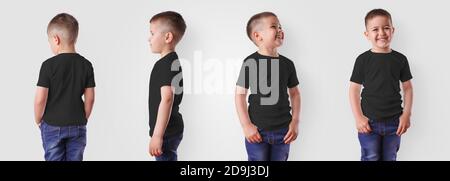 Kinder schwarze Kleidung Vorlage für Design-Präsentation, T-Shirt auf junge, Vorder-, Seite, Rückansicht. Mockup modische Kinderkleidung isoliert auf Hintergrund. Stockfoto