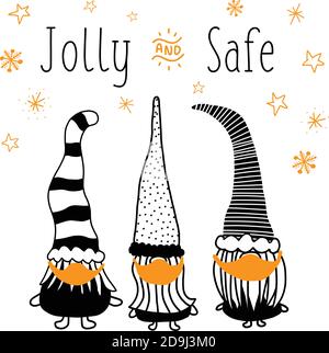 Weihnachtsgnome tragen Gesichtsmasken gegen Coronavirus. Feiertage 2020 Grußkarte Vorlage Merry and Safe. Handgezeichnete Vektorgrafik drei Stock Vektor