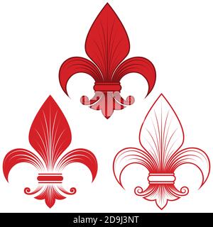 Vektor-Design von Fleur de Lis in drei grafischen Stilen in rot, Darstellung der Lilie Blume, ein Symbol in der mittelalterlichen Heraldik verwendet. Alles auf weißem Rücken Stock Vektor