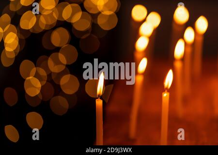 Schöne Kerzen beleuchtet während Diwali Festival schaffen Licht Bokeh Hintergrund, auf Dhanteras dekoriert. Stock Foto für Urlaub, festliche Feier, ha Stockfoto