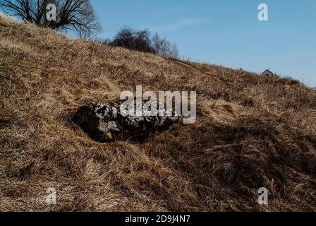 Ein großer Stein liegt im Frühjahr auf dem Hügel Stockfoto