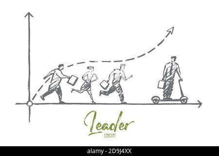 Vektor Hand gezeichnete Bezugslinie Konzept Skizze. Business man Reiten Skateboard und gehen von Menschen hinter sich laufen. Lettering Leader Konzept Stock Vektor