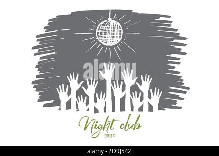 Vektor Hand gezeichnet Nachtclub Konzept Skizze mit menschlichen Händen Angehoben unter Diskokugel Stock Vektor