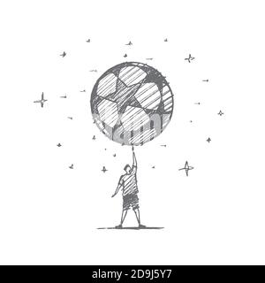 Handgezeichneter Fußballspieler mit großem Ball oben Stock Vektor