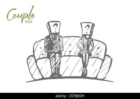 Handgezeichnetes Paar mit Fragezeichen auf den Köpfen Stock Vektor