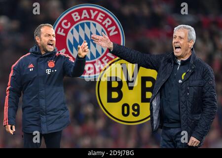 FOTOMONTAGE: Vorschau Borussia Dortmund-FC Bayern München am 7. November 2020. Hans Dieter Flick (Hansi, Trainer FC Bayern München) und Lucien FAVRE (Trainer Borussia Dortmund) treffen sich im Spitzenspiel der Liga. ALLIANZARENA, DFL-VORSCHRIFTEN VERBIETEN DIE VERWENDUNG VON FOTOGRAFIEN ALS BILDSEQUENZEN UND/ODER QUASI-VIDEO. ¬ Verwendung weltweit Stockfoto