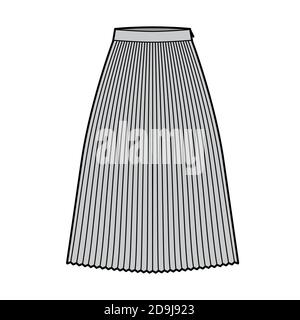 Rock Sunray Falte technische Mode Illustration mit unter-dem-Knie Midi Länge Silhouette, kreisförmige Fülle. Flacher Boden Schablone vorne, graue Farbe Stil. Frauen, Männer, Unisex CAD Mockup Stock Vektor