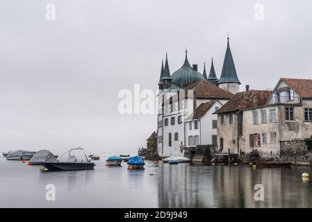 Der Turmhof in Steckborn an einem nebligen Morgen, Bodensee, Kanton Thurgau, Schweiz Stockfoto